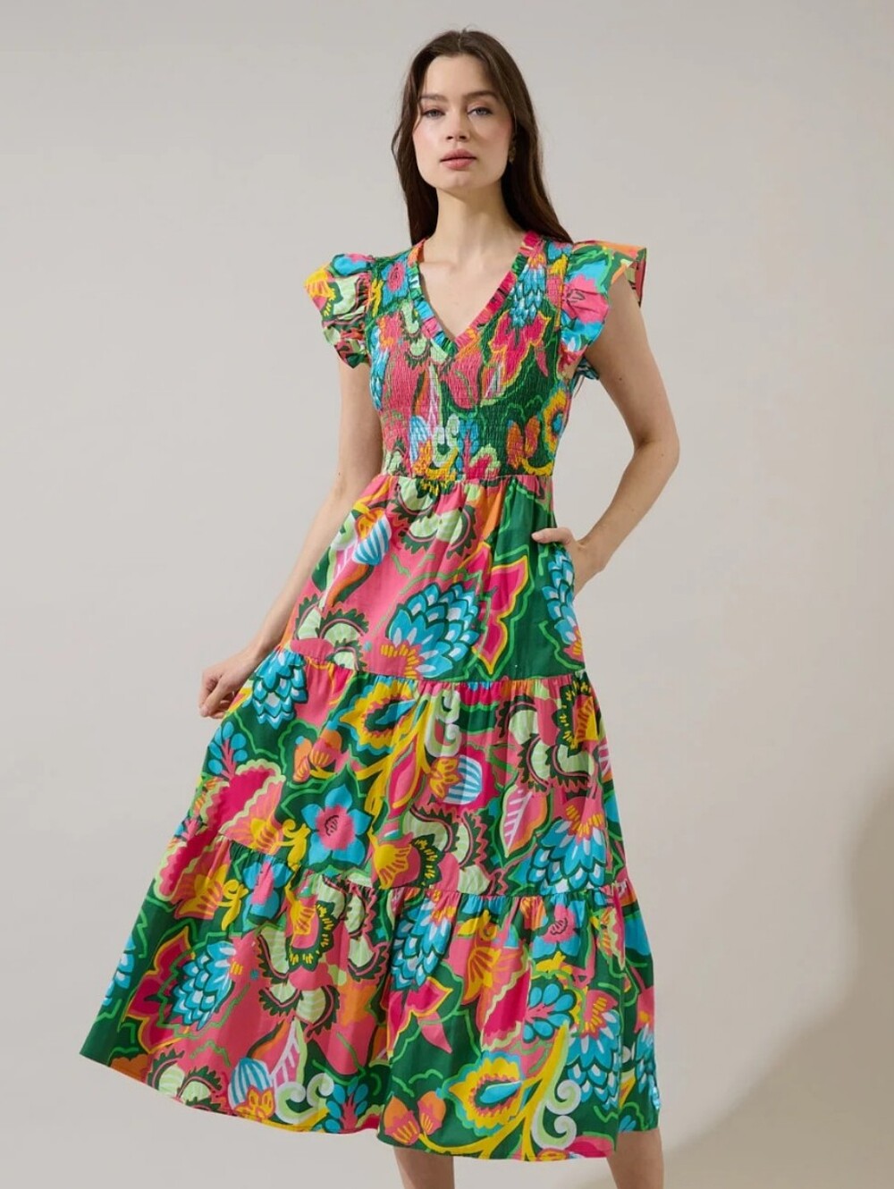 Sugar Lips Lanai Multi Tropics Sunfire Smocked Bodice Tiered Midi Dress XXL